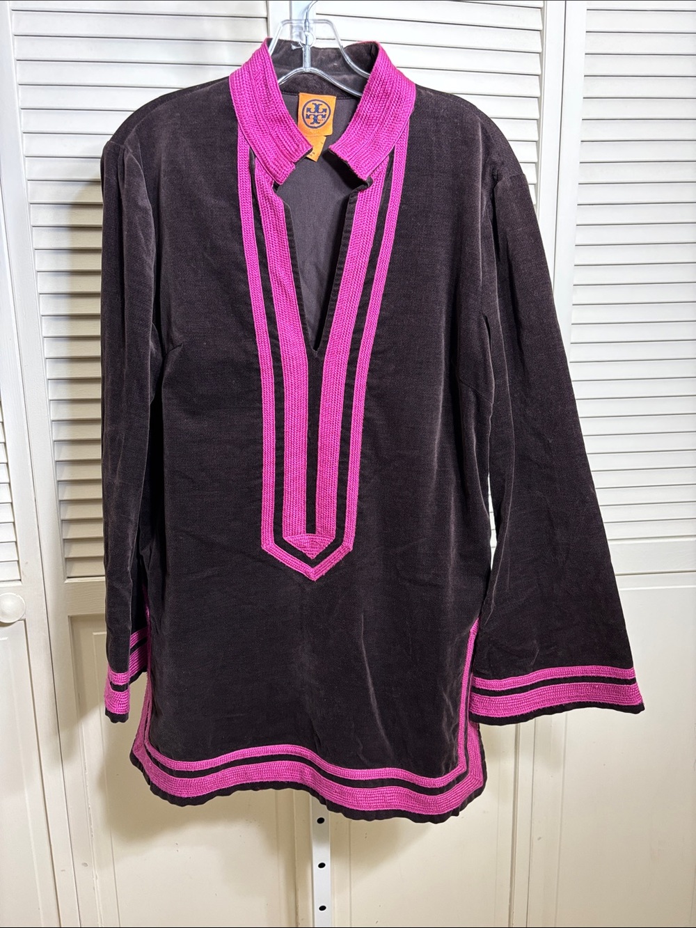 Vintage Tory Burch Tunic in Brown Velvet with Pink Trims Size 10